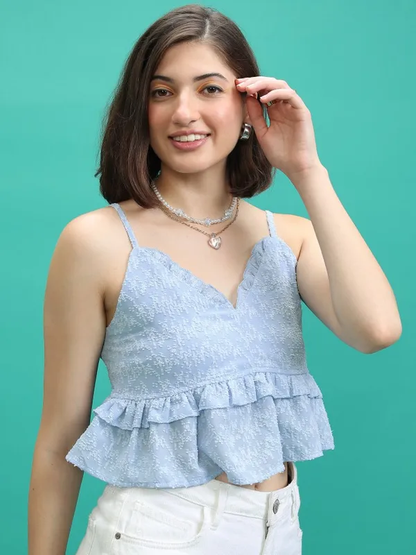  Tokyo Talkies Women Blue Self Design Peplum Tops