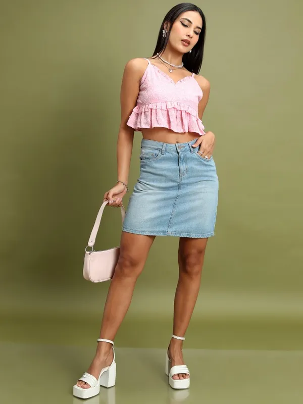 Tokyo Talkies Women Pink Self Design Peplum Top