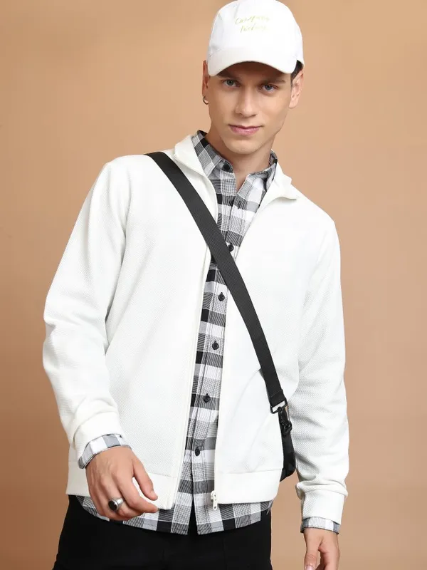  Highlander Men White High Neck Front-Open Sweatshirts