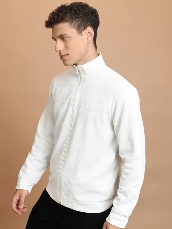  Highlander Men White High Neck Front-Open Sweatshirts