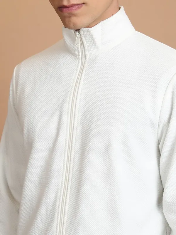  Highlander Men White High Neck Front-Open Sweatshirts