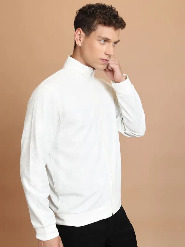  Highlander Men White High Neck Front-Open Sweatshirts
