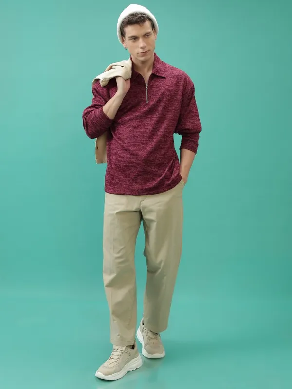  Highlander Men Maroon Shirt Collar Pullover Sweaters