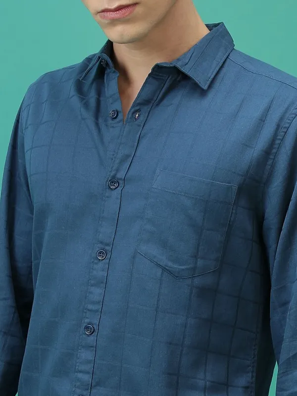  Highlander Men Blue Checked Slim Fit Casual Shirts