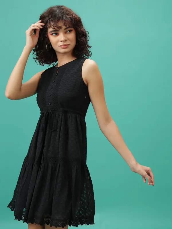 Tokyo Talkies Women Black Self Design Fit And Flare Dress