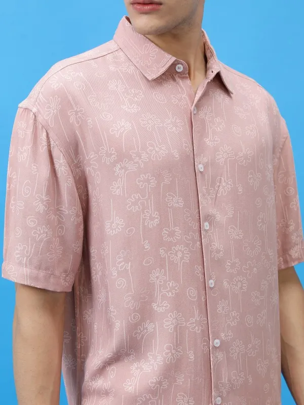  Ketch Men Pink Printed Slim Fit Casual Shirts
