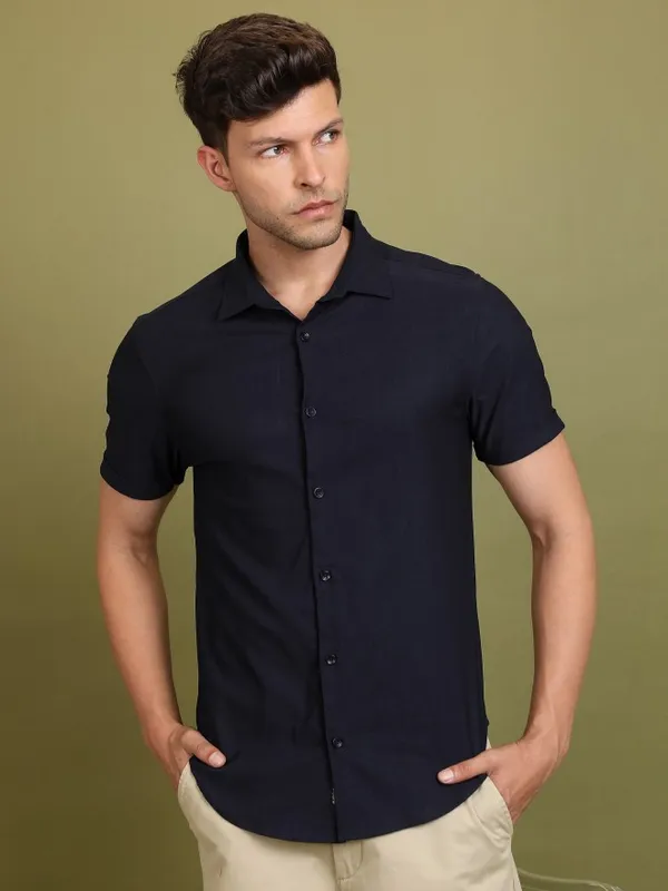 Ketch Men Navy Blue Solid Slim Fit Casual Shirts