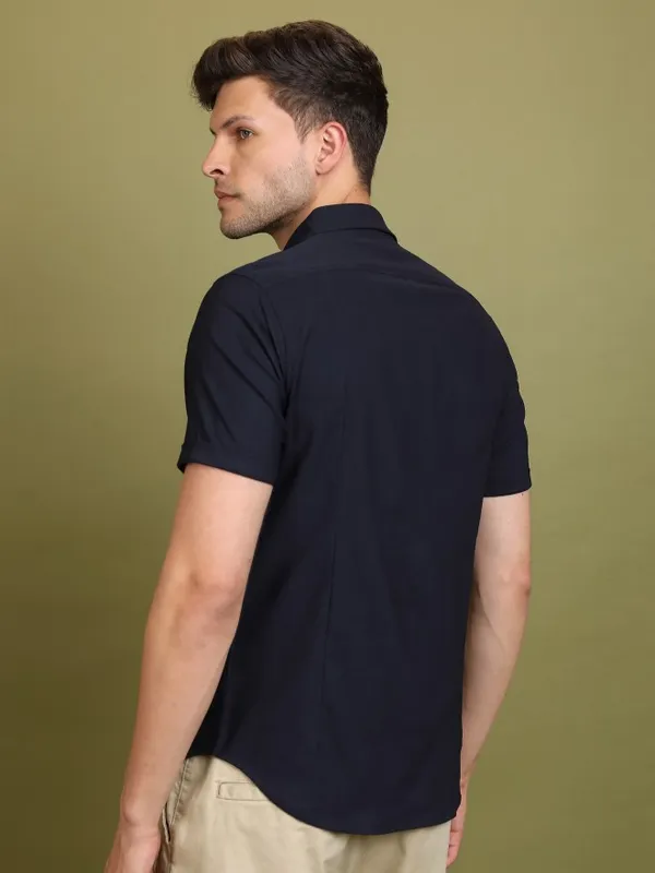  Ketch Men Navy Blue Solid Slim Fit Casual Shirts
