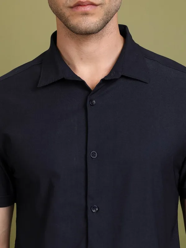  Ketch Men Navy Blue Solid Slim Fit Casual Shirts