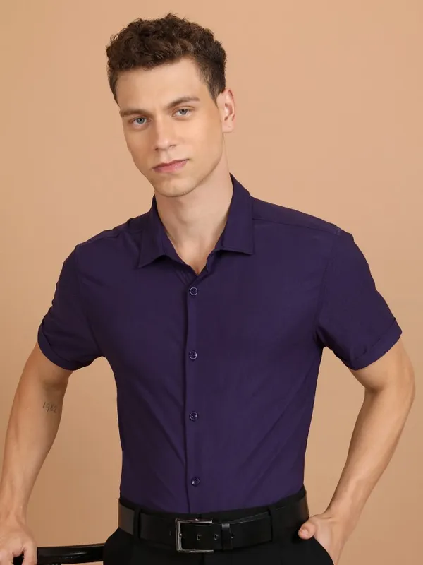  Ketch Men Purple Solid Slim Fit Casual Shirts