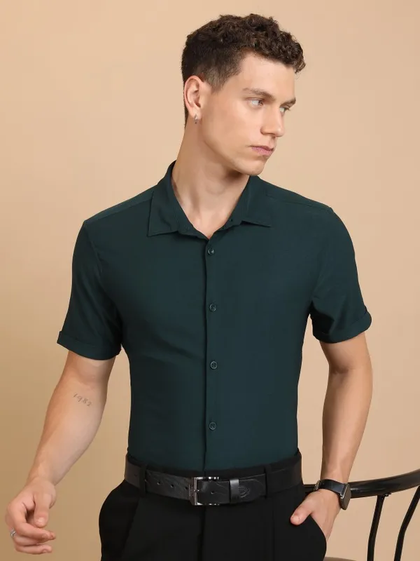  Ketch Men Teal Solid Slim Fit Casual Shirts