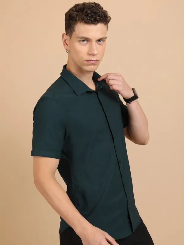  Ketch Men Teal Solid Slim Fit Casual Shirts