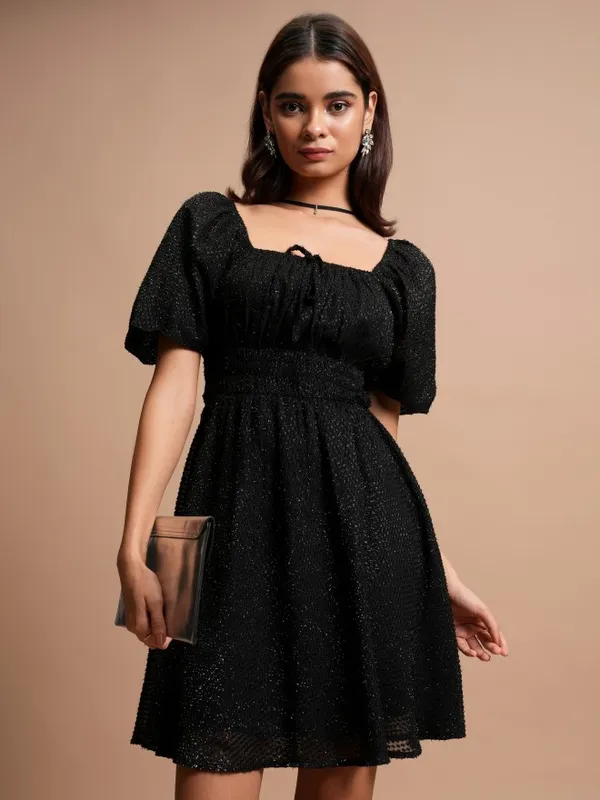 Tokyo Talkies Women Black Self Design A-Line Dress