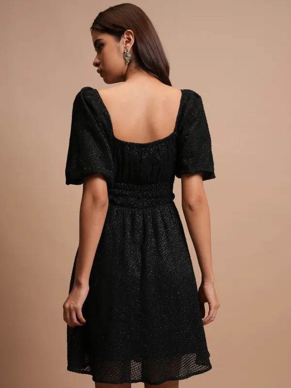 Tokyo Talkies Women Black Self Design A-Line Dress