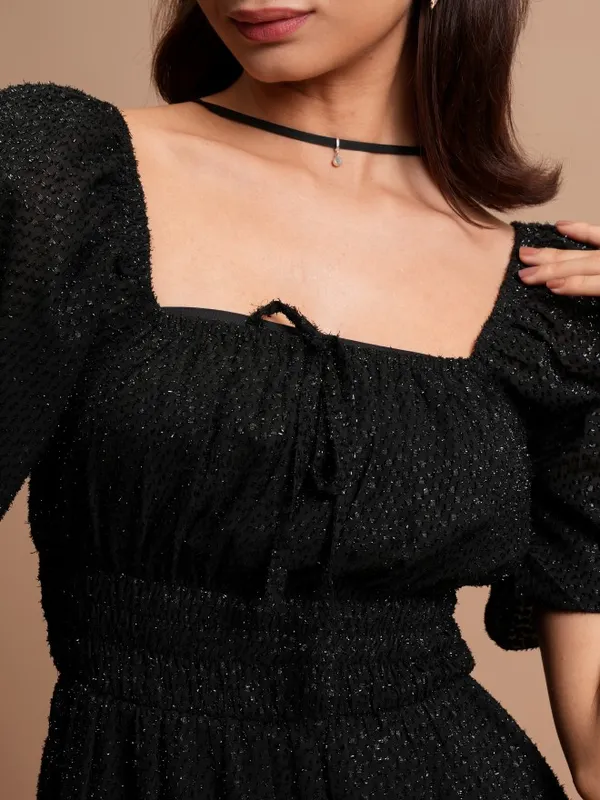 Tokyo Talkies Women Black Self Design A-Line Dress