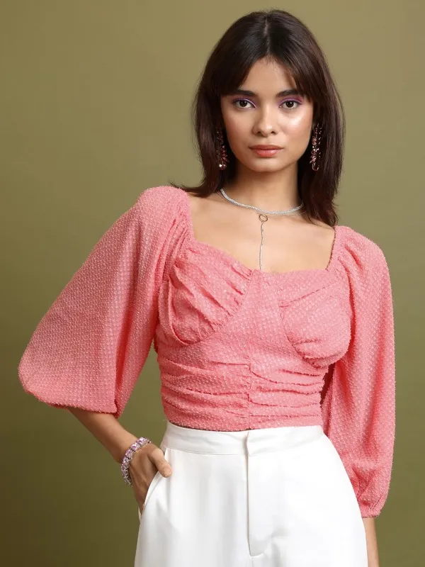  Tokyo Talkies Women Pink Self Design Regular Tops