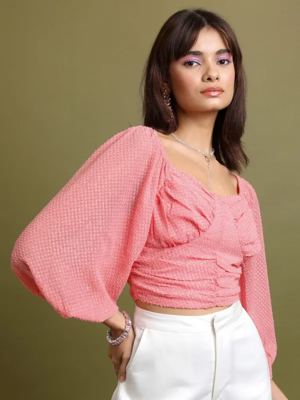  Tokyo Talkies Women Pink Self Design Regular Tops