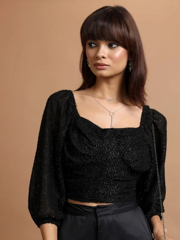 Tokyo Talkies Women Black Self Design Regular Top