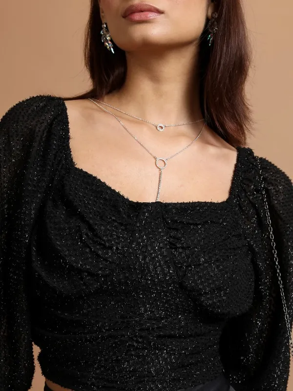 Tokyo Talkies Women Black Self Design Regular Top