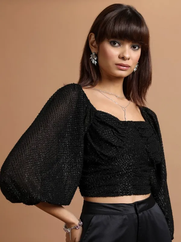 Tokyo Talkies Women Black Self Design Regular Top