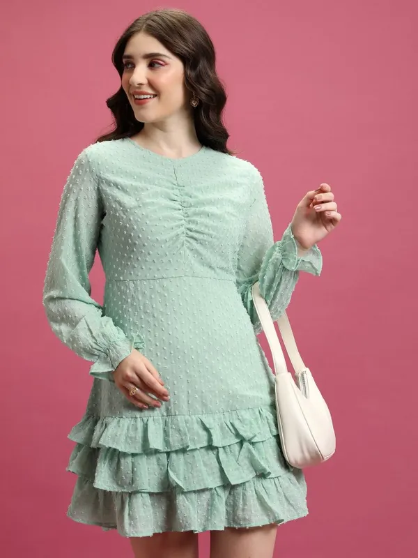 Tokyo Talkies Women Green Self Design Fit And Flare Dress