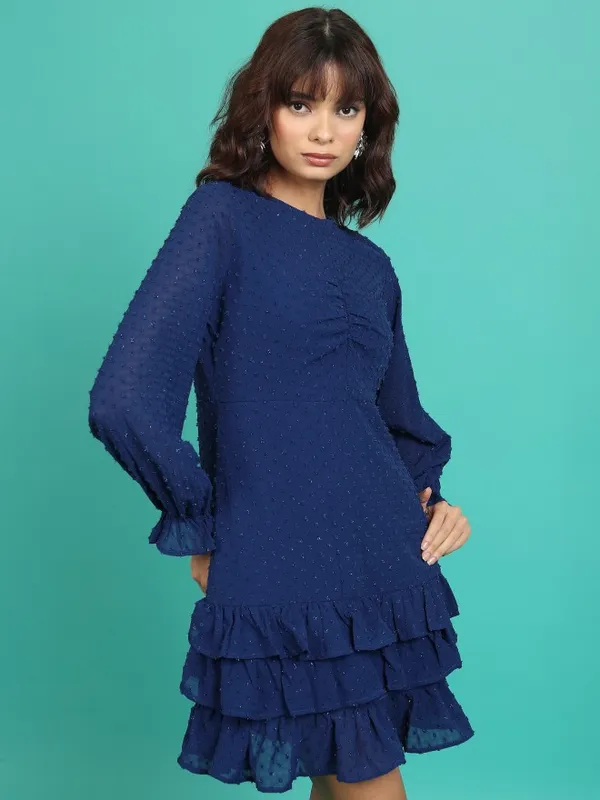  Tokyo Talkies Women Navy Blue Self Design Fit And Flare Dresses