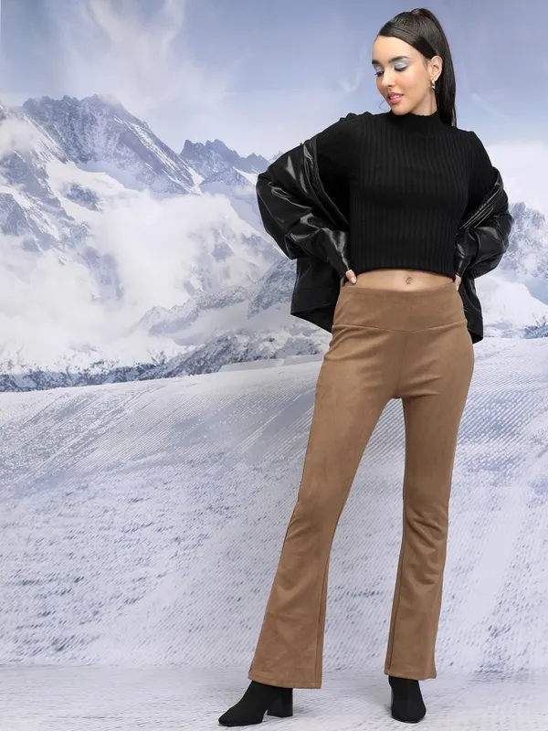  Tokyo Talkies Women Brown Solid Regular Fit Casual Trousers