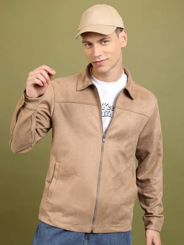  Highlander Men Beige Solid Open Front Jacket Jackets