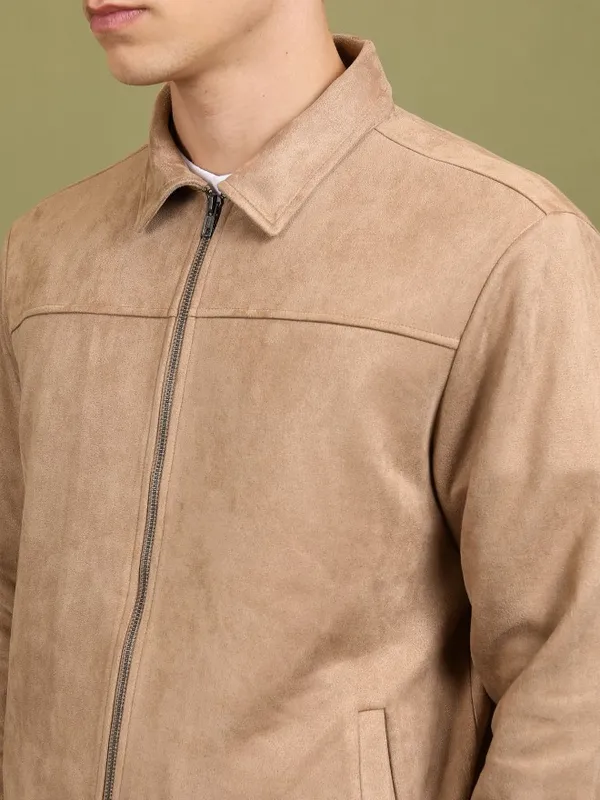  Highlander Men Beige Solid Open Front Jacket Jackets