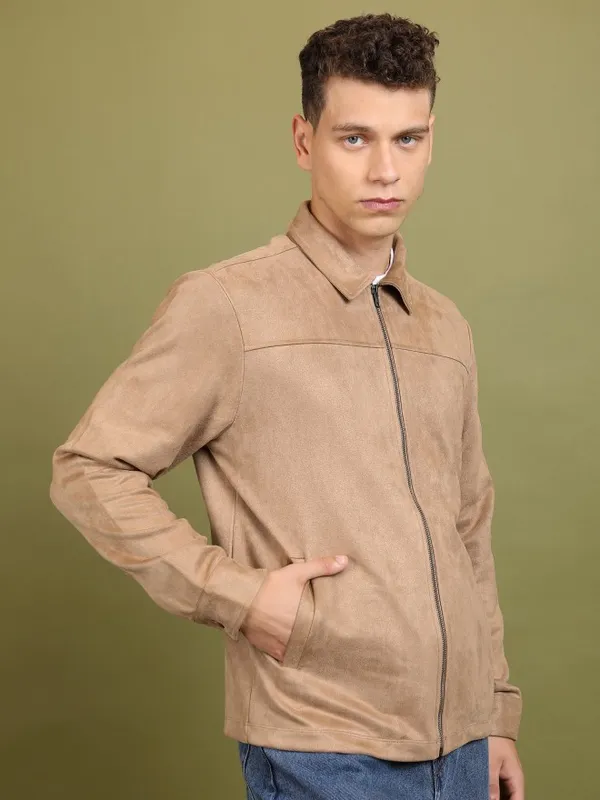  Highlander Men Beige Solid Open Front Jacket Jackets