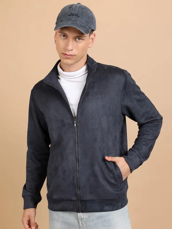  Highlander Men Navy Blue Solid Open Front Jacket Jackets