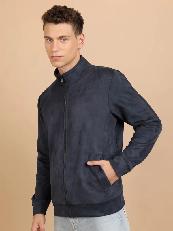  Highlander Men Navy Blue Solid Open Front Jacket Jackets