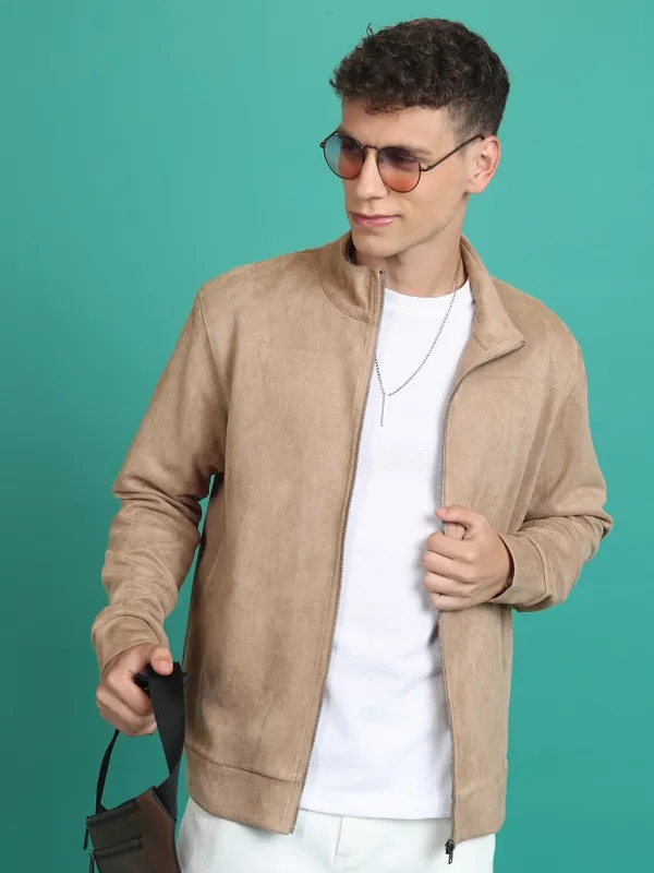  Highlander Men Beige Solid Bomber Jackets