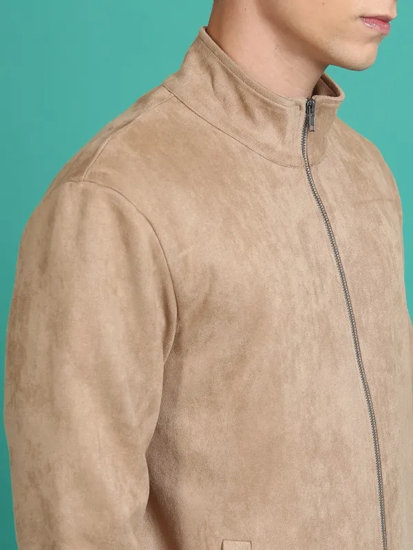  Highlander Men Beige Solid Bomber Jackets