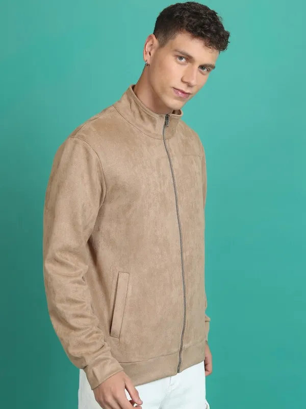  Highlander Men Beige Solid Bomber Jackets