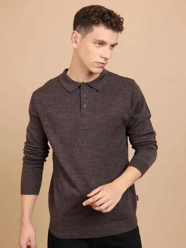  Highlander Men Brown Shirt Collar Pullover Sweaters