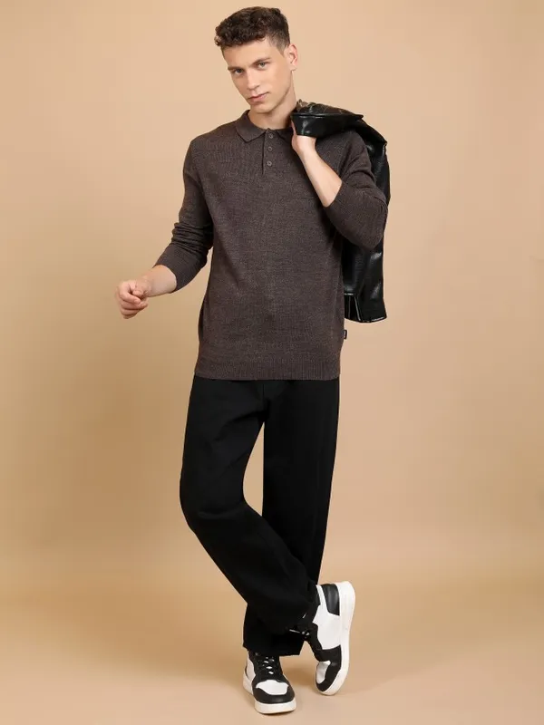  Highlander Men Brown Shirt Collar Pullover Sweaters