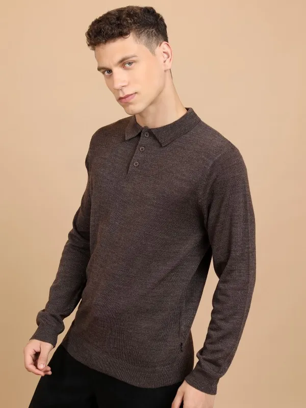  Highlander Men Brown Shirt Collar Pullover Sweaters
