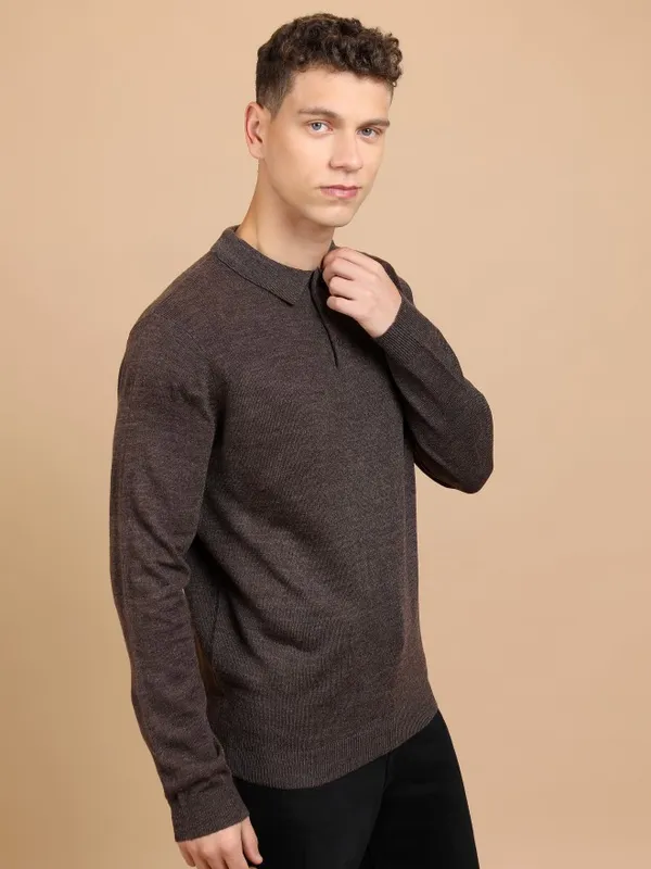  Highlander Men Brown Shirt Collar Pullover Sweaters