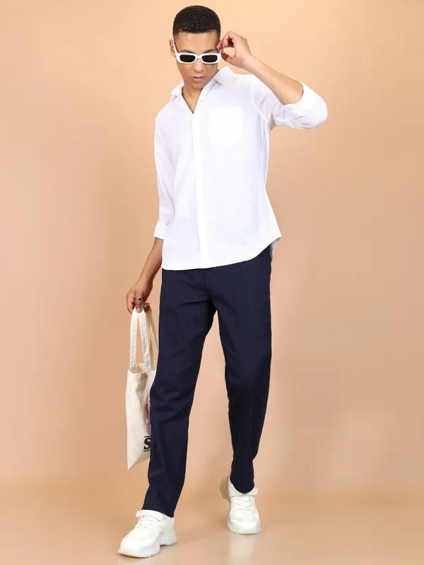  Highlander Men White Striped Slim Fit Casual Shirts