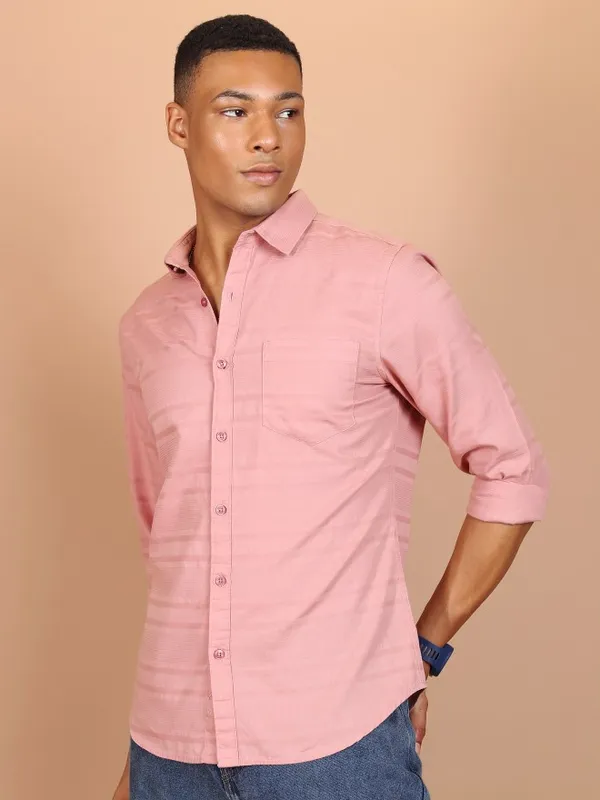  Highlander Men Pink Striped Slim Fit Casual Shirts