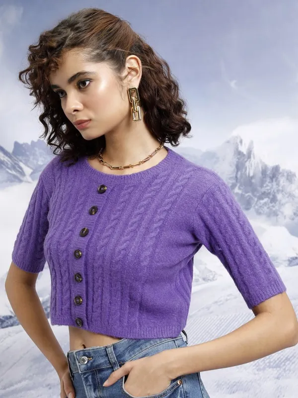  Tokyo Talkies Women Purple Round Neck Sweaters