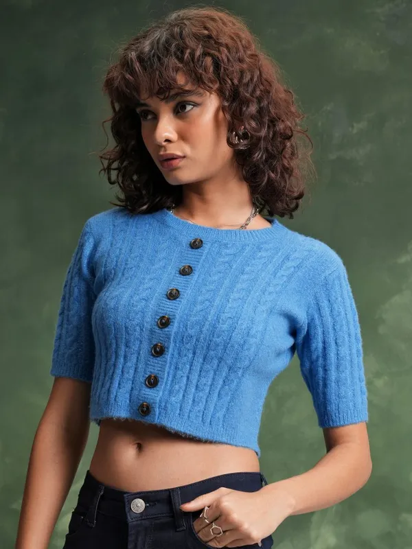  Tokyo Talkies Women Blue Round Neck Sweaters