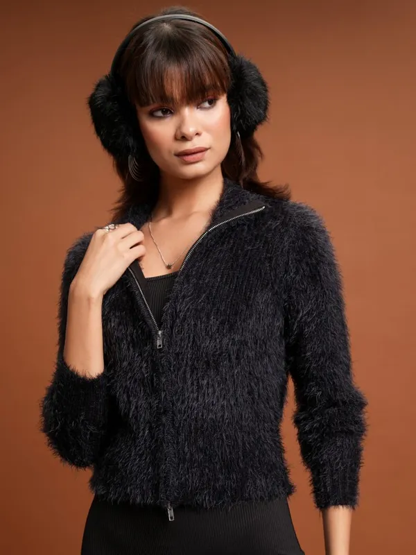  Tokyo Talkies Women Black Mock Collar Sweaters