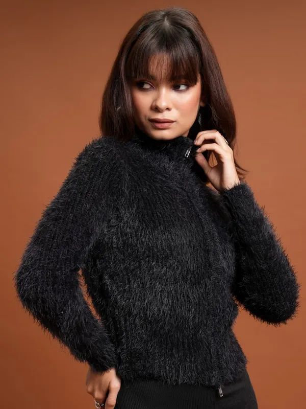  Tokyo Talkies Women Black Mock Collar Sweaters