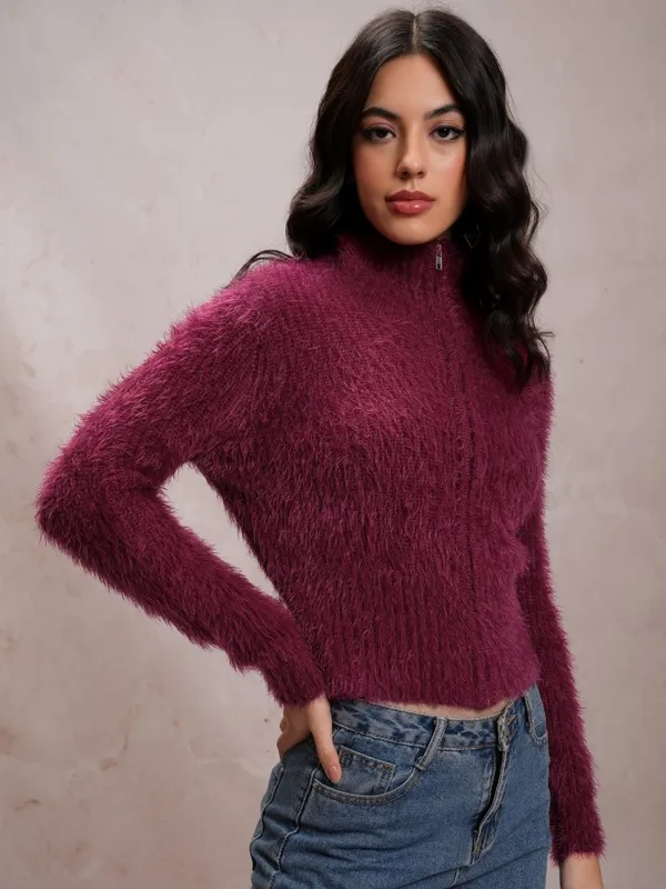  Tokyo Talkies Women Maroon High Neck Sweaters