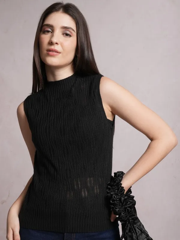  Tokyo Talkies Women Black Mock Collar Sweaters