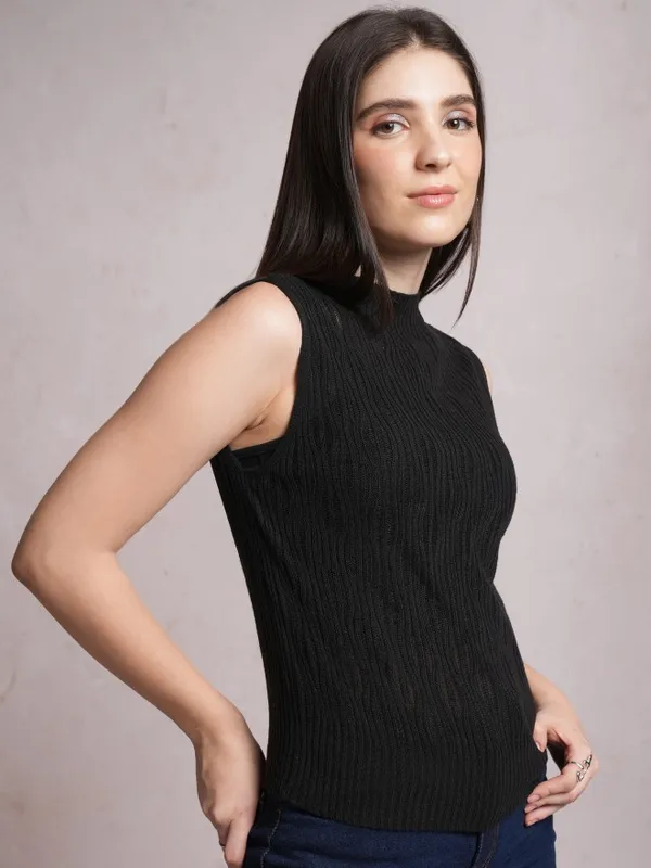  Tokyo Talkies Women Black Mock Collar Sweaters