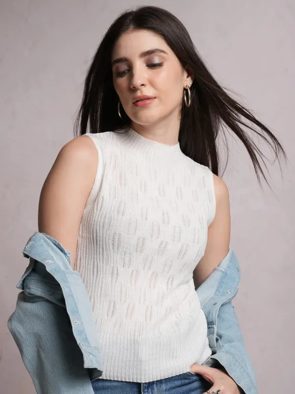  Tokyo Talkies Women White Mock Collar Sweaters
