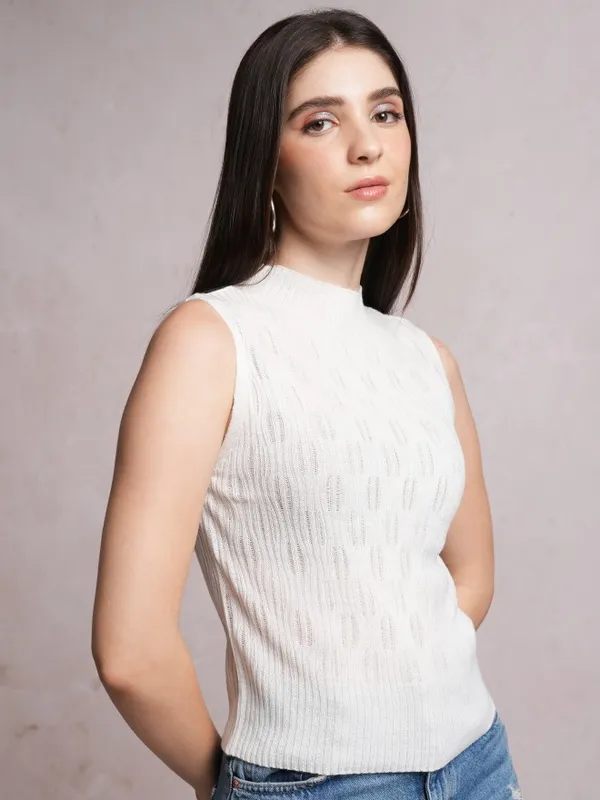  Tokyo Talkies Women White Mock Collar Sweaters